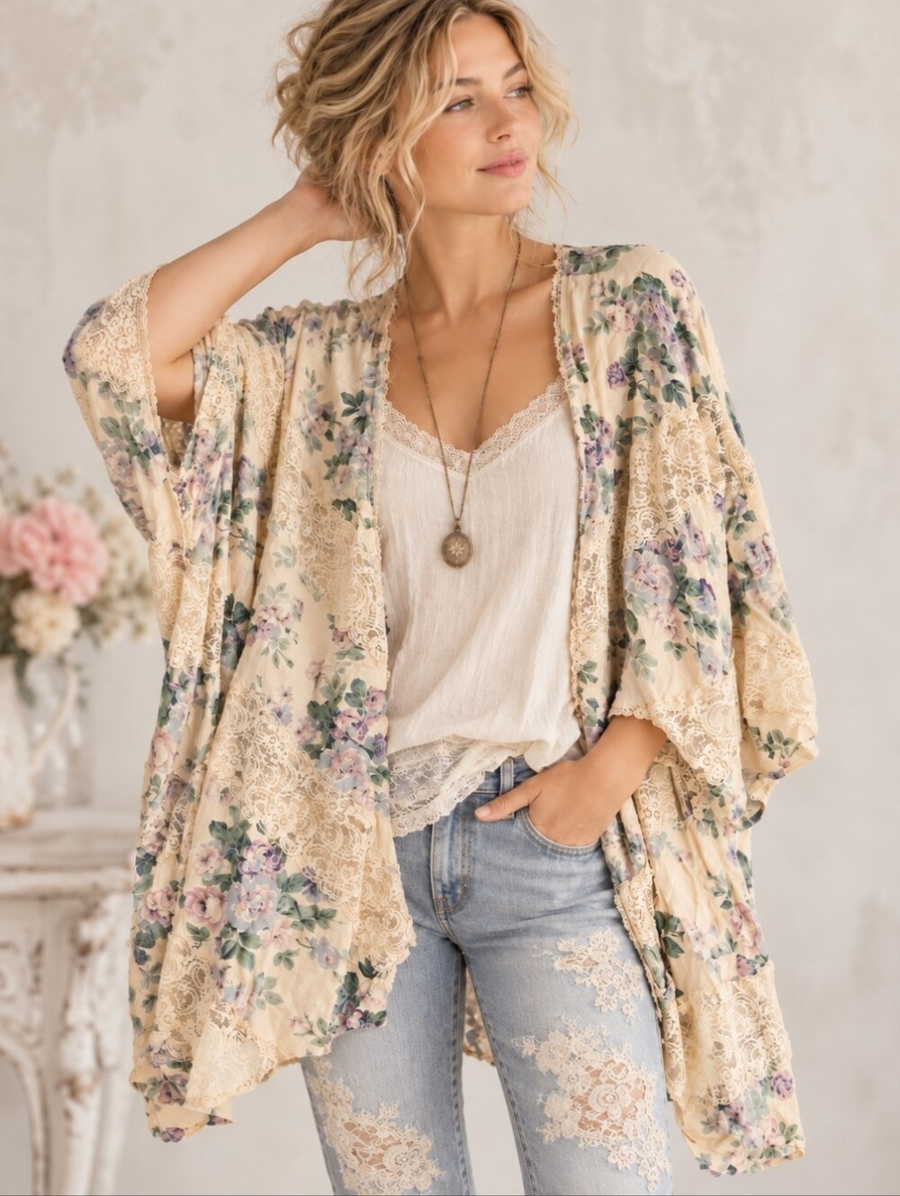 Entro Floral Lace Kimono Size S/M Shabby Chic Boho Flowy